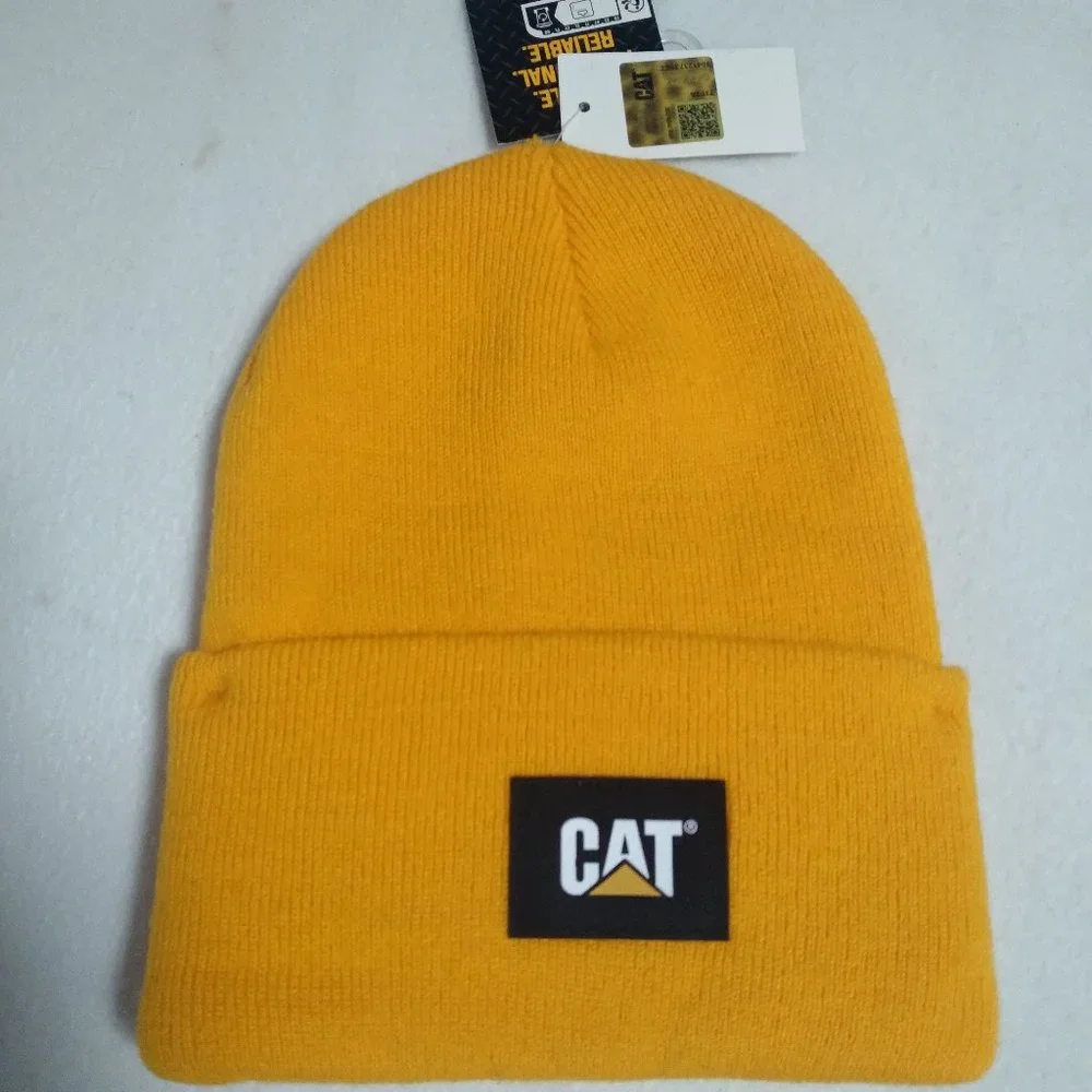 CAT Label Cuff Beanie Yellow Unisex One Size 100% Acrylic - New w/Tags